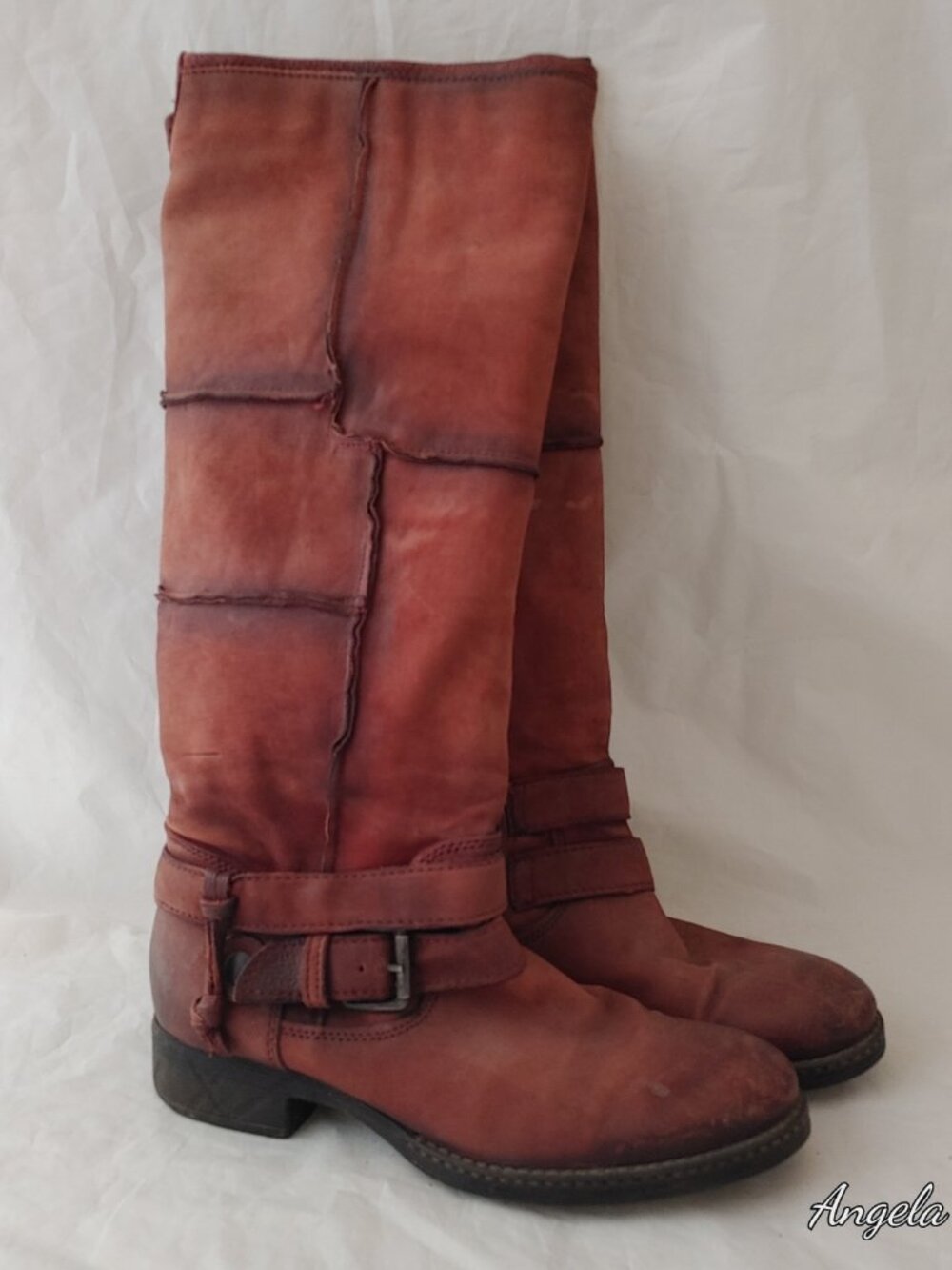 RARE NWOT Rust Red Genuine Leather Tall Patchwork Boots EU 40 - Picture 10 of 10